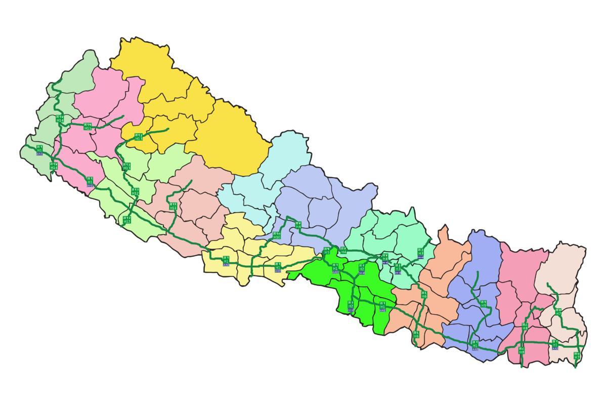 Kaart van nepal met de belangrijkste snelwegen