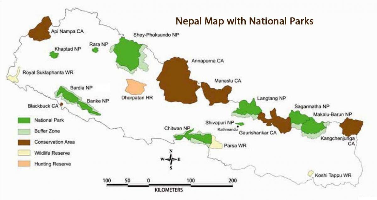 Kaart van nepal met de nationale parken