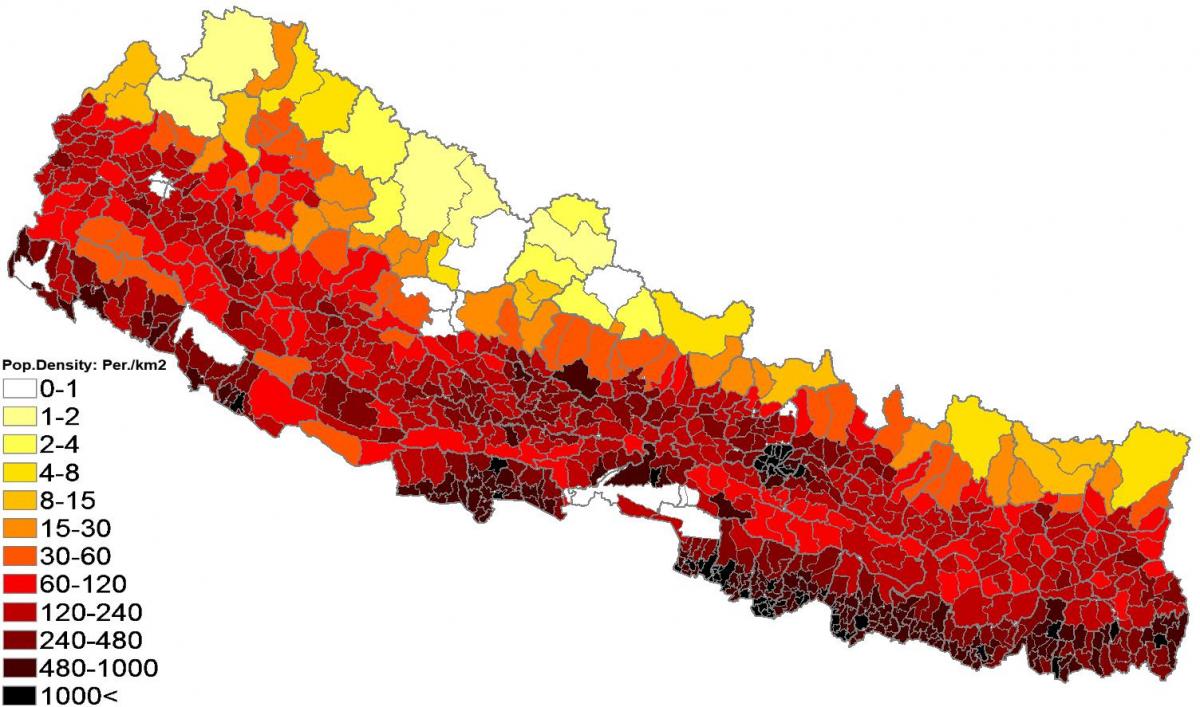 nepal bevolkingsdichtheid kaart