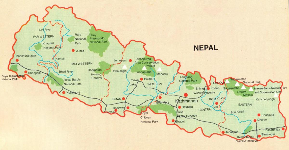 kaart van nepal met toeristische plaatsen