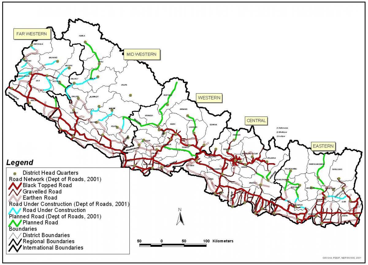 Kaart van de weg nepal met wijken