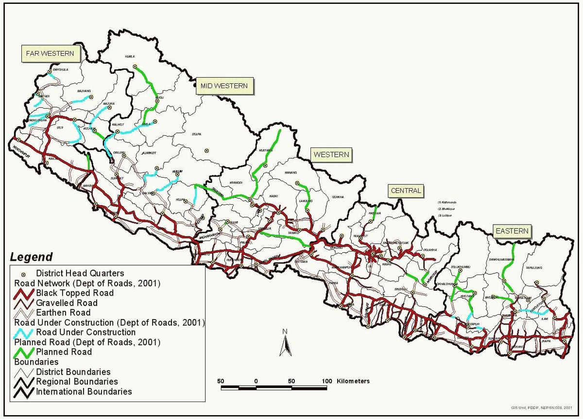 nepal kaart met de snelweg