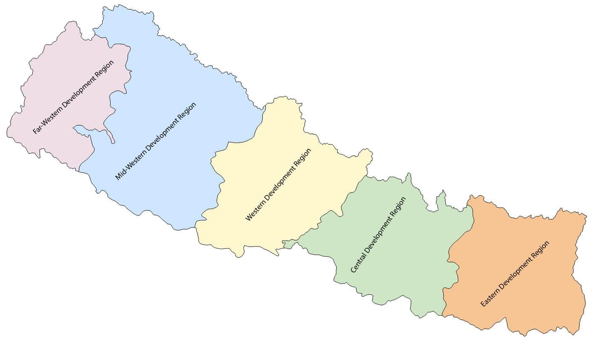 kaart van nepal met vijf ontwikkeling van de regio
