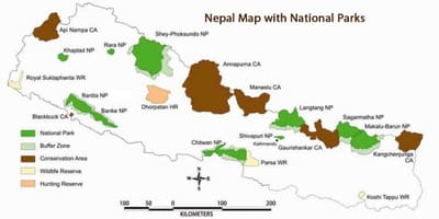 Kaart van nepal met de nationale parken