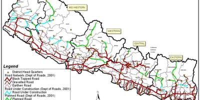 Kaart van de weg nepal met wijken